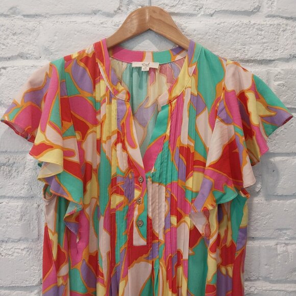 Easel Maxi Dress Medium Multicolor Red Yellow Green Cottagecore Bohemian Tiered, - Picture 5 of 10